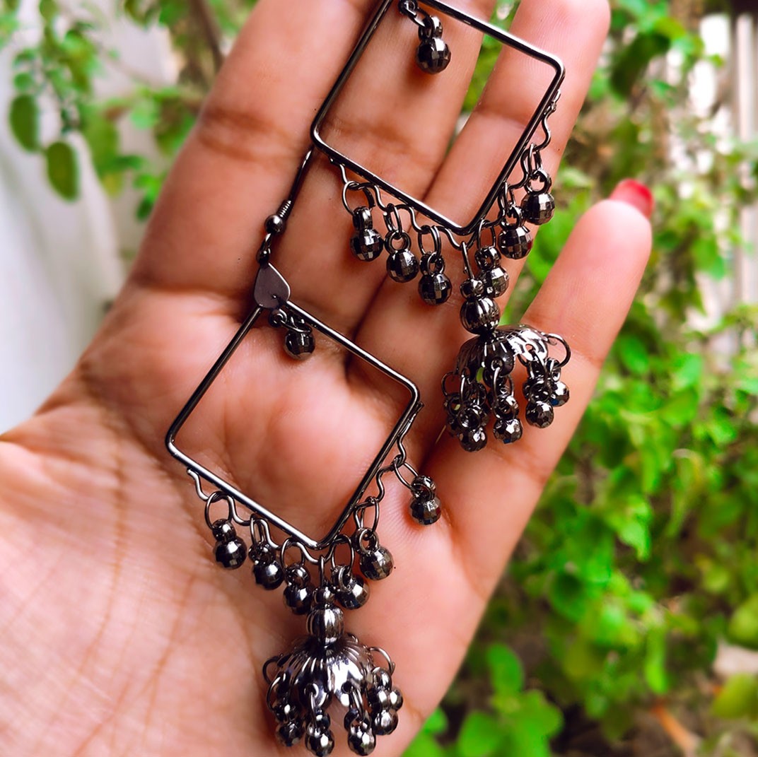Square Shape Black Steel Long Earrings