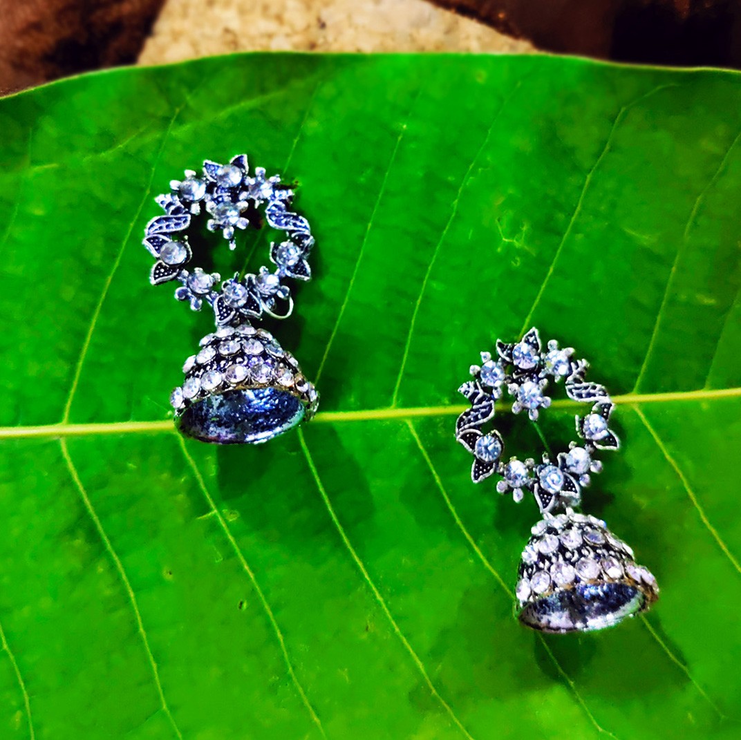 Oxidised Silver stone Round jhumka
