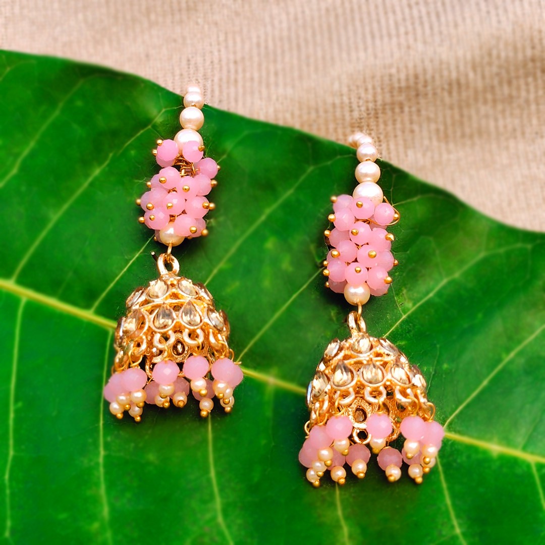 Gold Plated Stone Studded Hook Jhumka Earrings