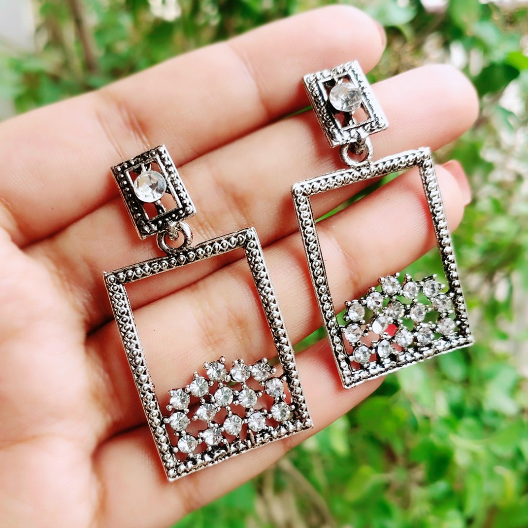 Rectangular stone oxidised earrings
